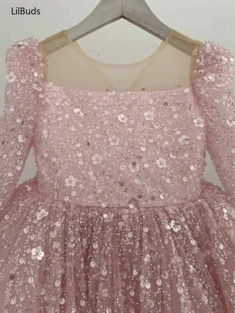 Girl's Dresses 2024 Children Birthday Evening Party Matching Princess Ball Gown Long Sleeve Formal Dresses Kids Girls Elegant Shinny SequinY24122