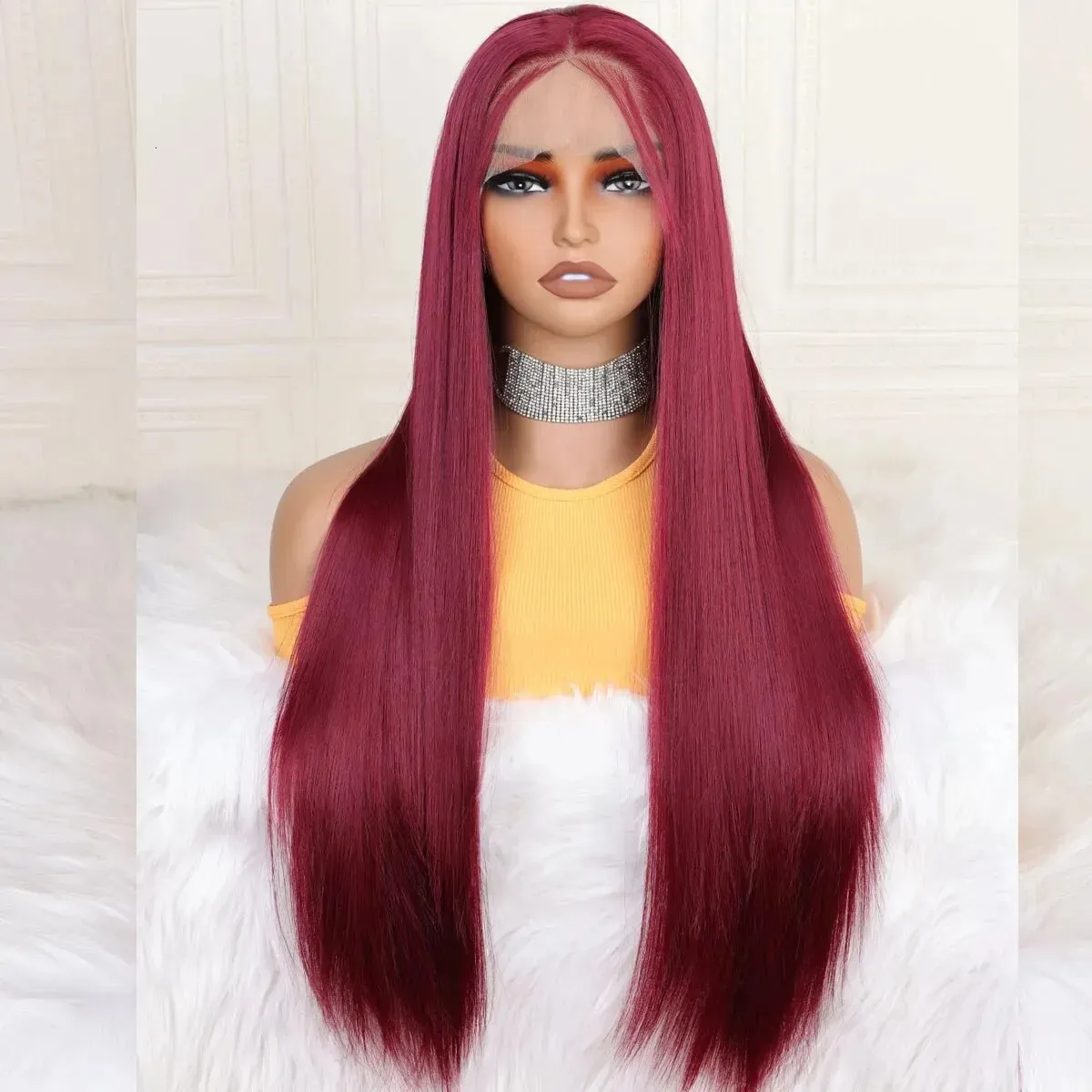 36 Inch Burgundy Straight Hair Glueless Wig Lace Front Similar to Human Hair Preplucked Wigs Brazilian Loose Deep Wave 13x4 Lace Wig For Women Ready T