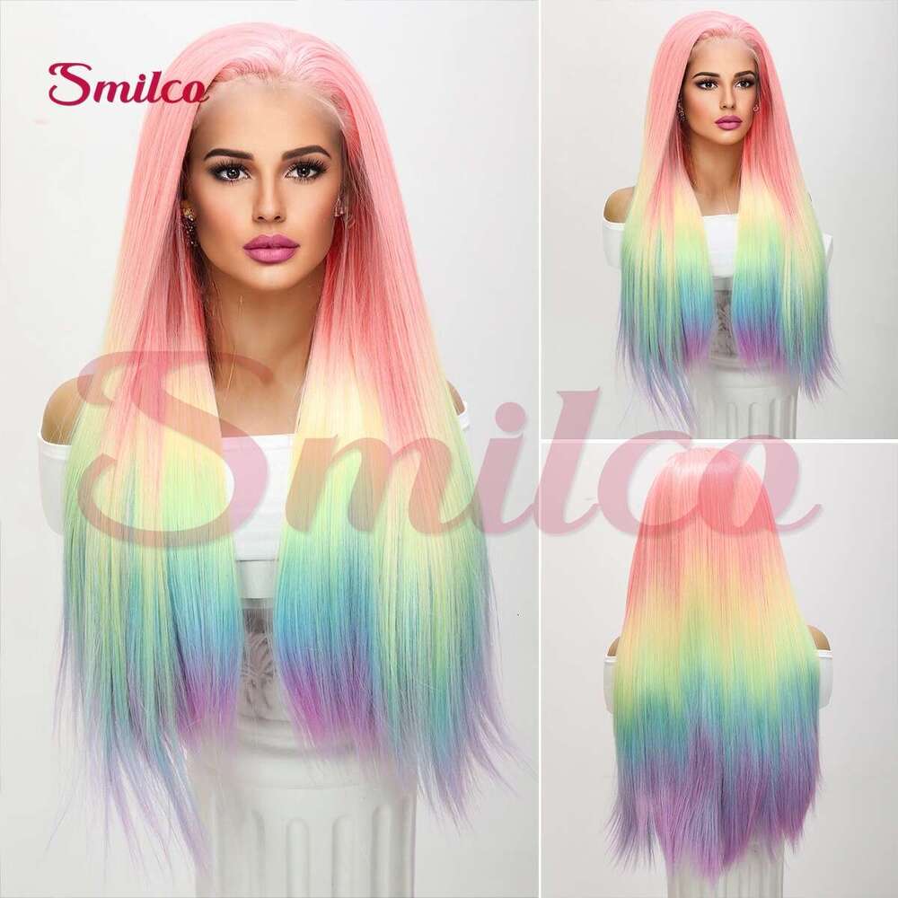 Lace Front Wig Cover T Shape High Quality 13 * 4 Star High-End Fashion Rainbow Gradient T-Shaped Lace Front Wig Kq2