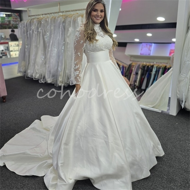 Modern Satin Long Sleeve Wedding Dress 2025 High Neck Lace Civil Country Bridal Gowns Elegant Greek Boho Bride Dress Garden Court Train Robe De Mariee
