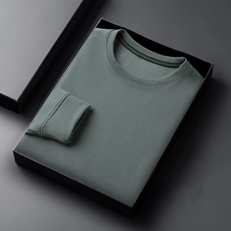 2024 Mens Casual Fashion Long Sleeved Round Neck Tshirt Waffle Comfortable Top 241223