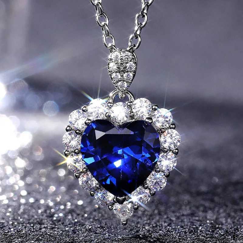 925 sterling silver blue CZ womens heart-shaped pendant necklace elegant party jewelry bride engagement wedding decoration W241230