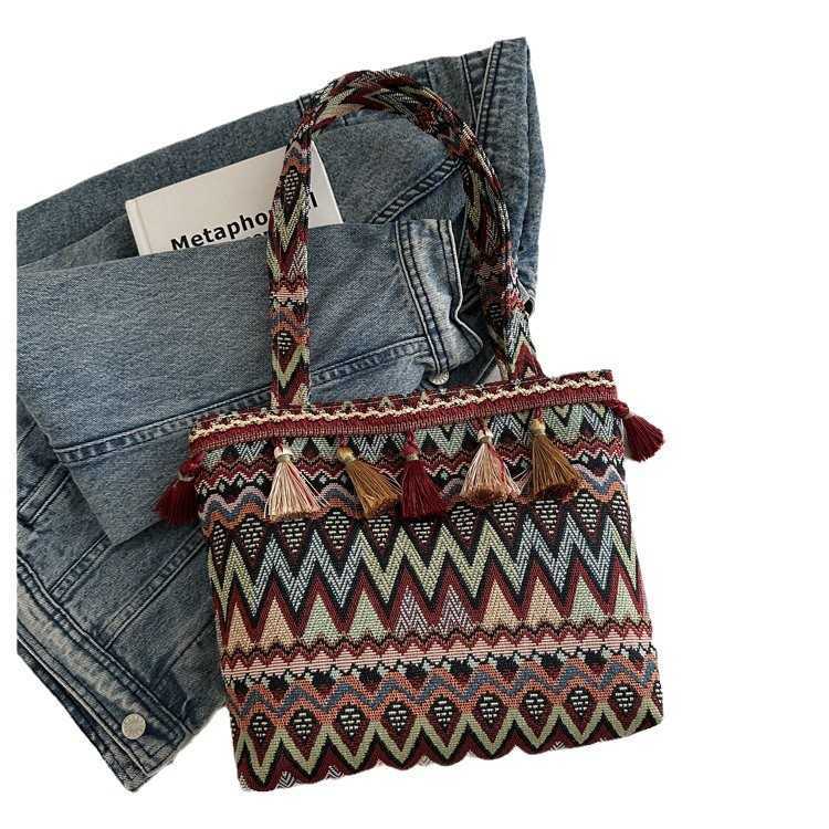 2024 New Fashion Women's Bag Ethnic Style Canvas Shoulder Bag Women's Large Capacity Tassel Striped Versatile Handbag