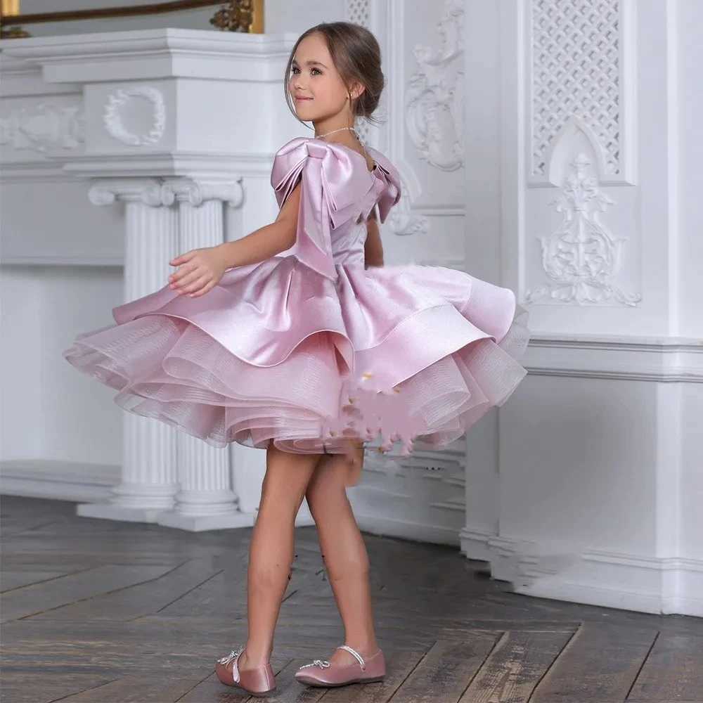 Girl's Dresses Fluffy Gold Satin Flower Girl Dress Knee Length Sparkling Wedding Party Dress Bow Child Baby Birthday Dress Ballet Tutu Dress L250