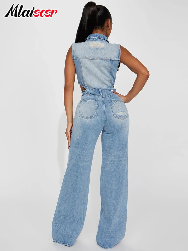 Mlaiscsr Blue Hollow Out Straight Stretch Denim Jumpsuit Women Lapel Button One-piece Pants Jeans Rompers Female Cow Overalls 241230