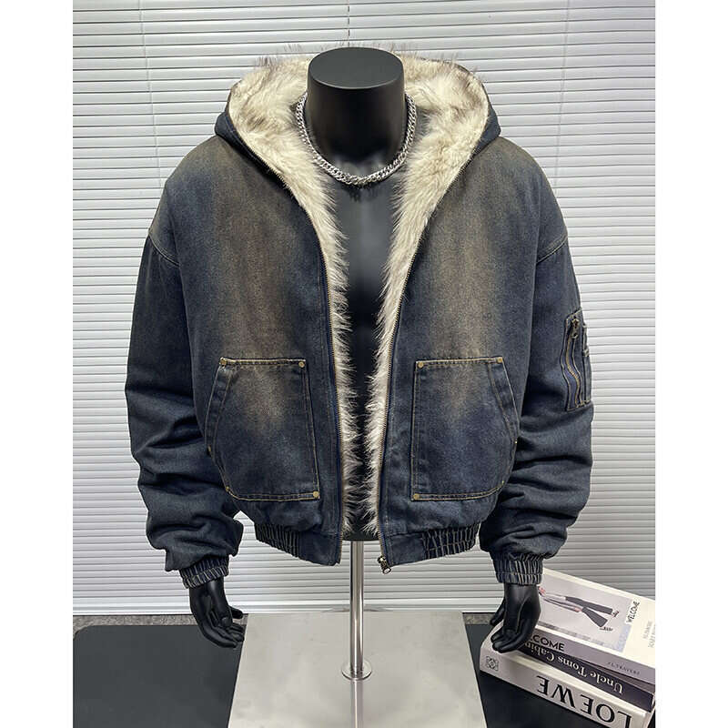 Men's Wear New Autumn Winter Loose Denim With Thickened And Warm Retro Design, Hooded Cotton Jacket, Fashionable Men's Jacket