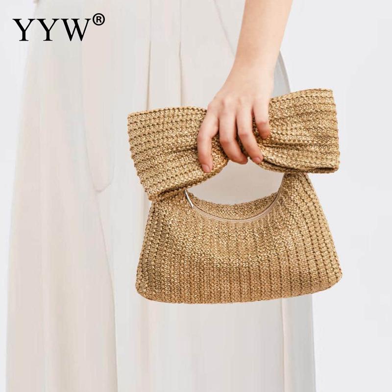 2024 New Fashion Trend Bow Straw Woven Handbags Designer Women Hand-Woven Rattan Evening Clutch Bags Party Purse Day Clutches