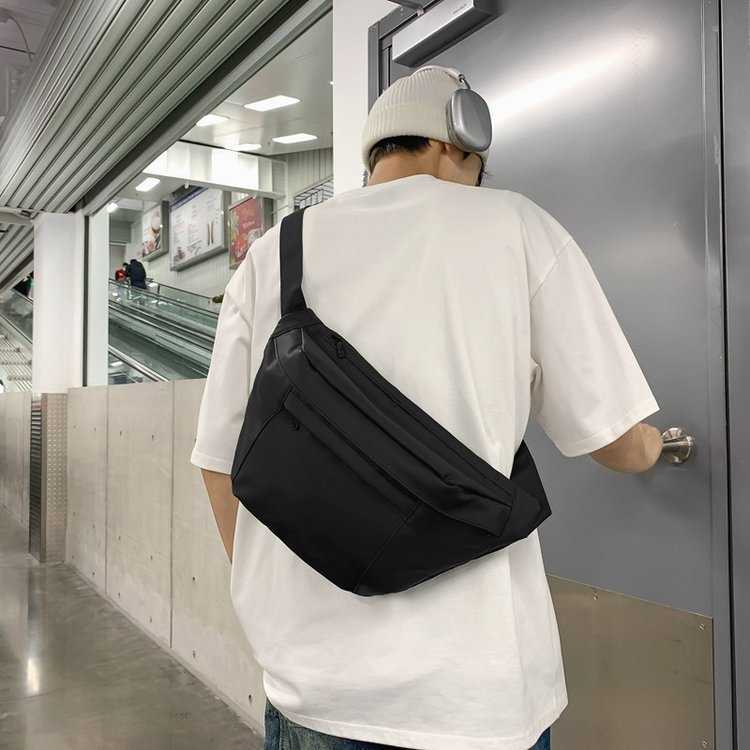Men's bag, travel crossbody bag, trendy brand chest bag, sports style casual canvas waist bag, simple solid color chest bag 241230