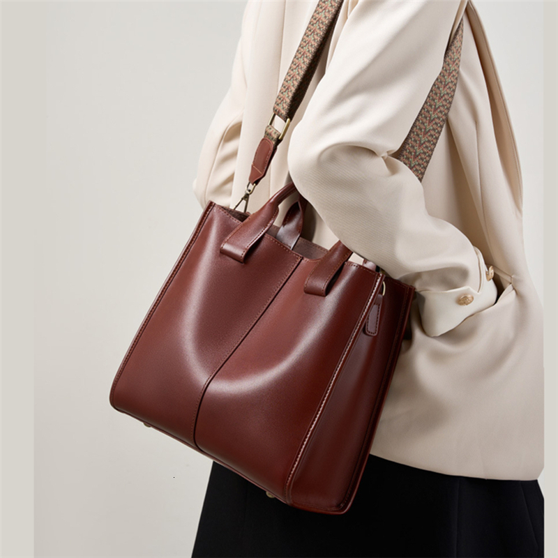 Burminsa Cowhide Genuine Leather Large Tote Handbags For Women New 2025 Trend Designer Wide Strap Ladies Shoulder Messenger Bags