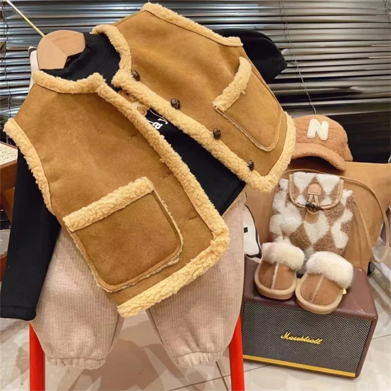 Kids Winter Clothes Baby Boys Lamb Wool Thickened Waistcoat Warm Coat Toddler Girl Vest Sleeveless Jacket Fur Vest 241230