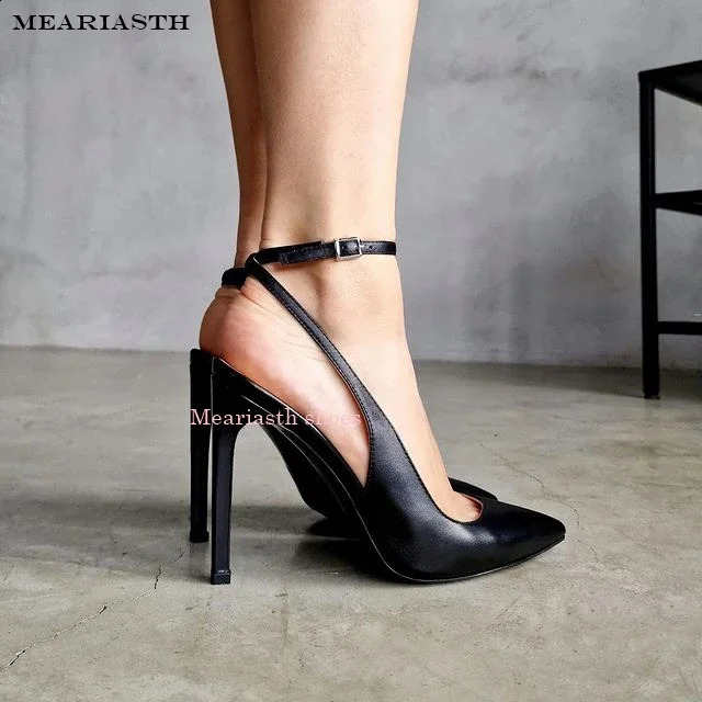 red Ankle Strap Pointed Toe Women Slingback Pumps Black Matte Leather Hollow Stiletto High Heels Sandals 12CM Size 35-4444 241230