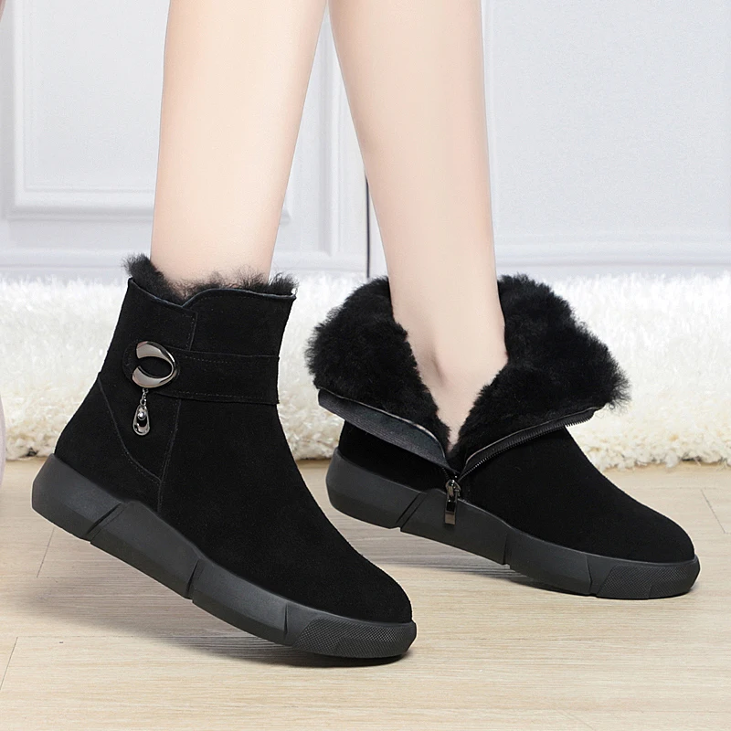 AIYUQI Women Snow Boots Genuine Leather Winter Shoe Boots Women Casual Natural Wool Wedge Women Ankle Boots