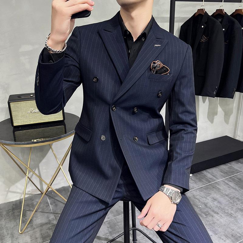 L1230Korean style slim fit khaki striped suit business formal suit groom dress