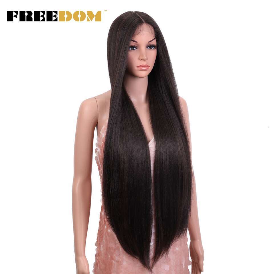 FREEDOM Yaki Straight Synthetic Wigs For Women Ombre Brown Handtied Lace 36 Inch Middle Part Long Blue Pink Cosplay Wig