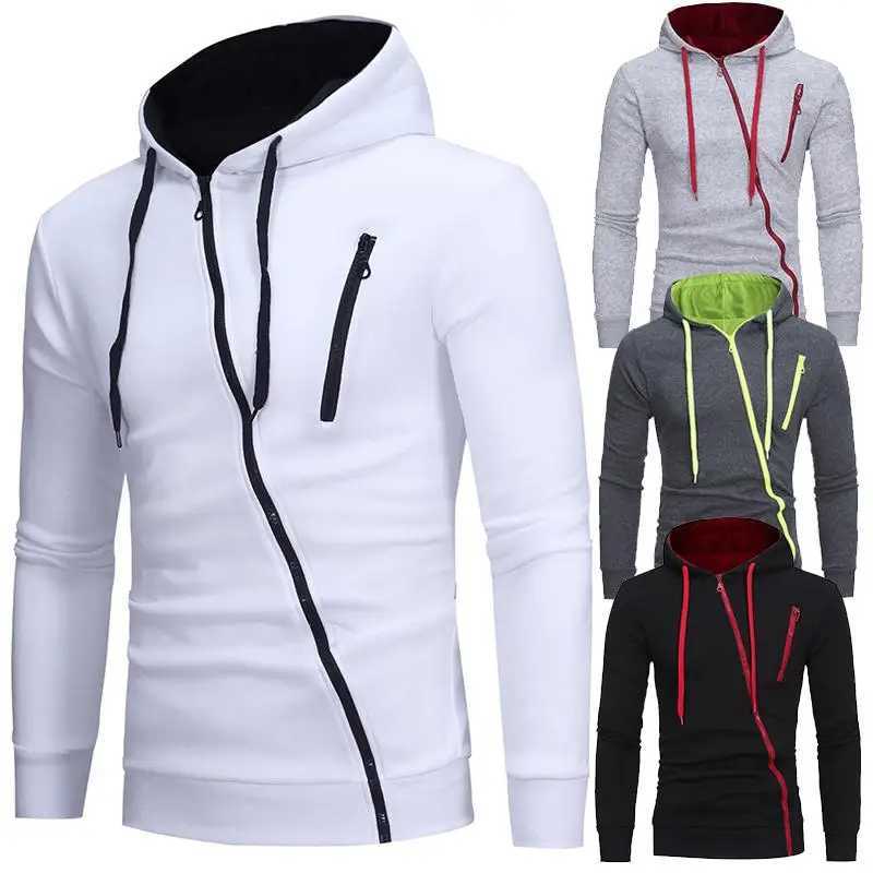 Casual mens hooded sweatshirt diagonal zipper jacket spring autumn trend custom streetwear W241230