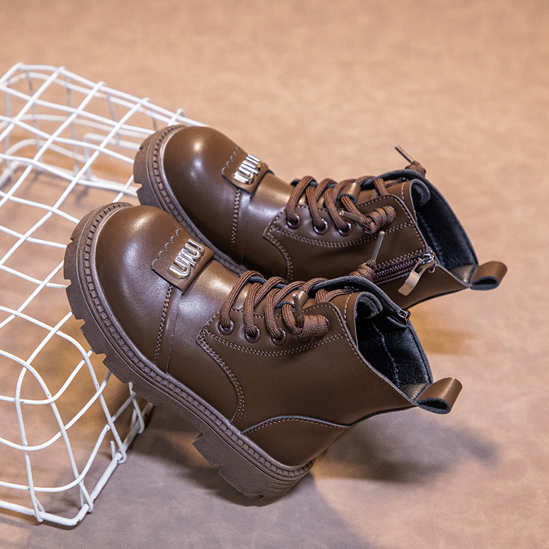 Fashion Children Leather Boots Autumn Winter Boys Girls Youth Boots Warm Cotton Happysteps Kids Ankle Boots Versatile Anti-slip Girls Shoes Sizes US9C