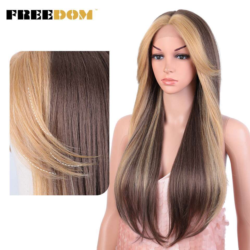 FREEDOM Synthetic Front For Women 26 Inch Long Straight Lace Wig With Bangs Ombre Orange Blonde Cosplay Wigs