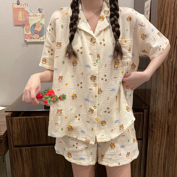B109-Korean style plaid short-sleeved pajamas for women, two-piece set, high-end loose large-size home clothes