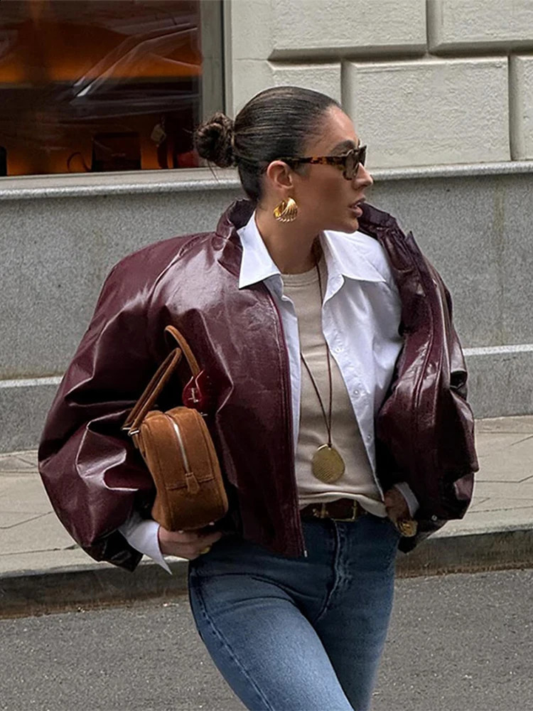 Vintage PU Leather Solid Jackets Women Casual Loose Stand Collar Zipper Jacket Coats Female Autumn High Street Outwear 241224