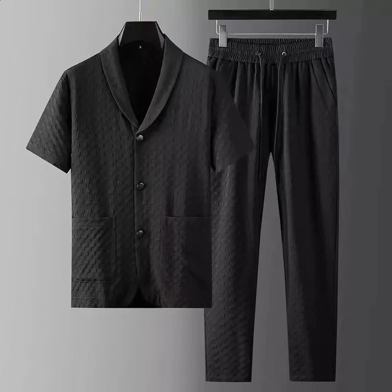 2023 Fashion Mens Two Piece Sets Spring Summer Casual Short Sleeve Shirts Pants Suit Solid Geometry Pattern Printed Outfit Men 241223