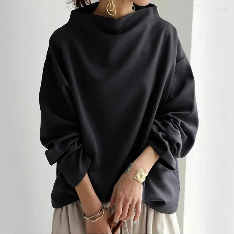 Womens Blouses 2024 Autumn Fashion Korean Tops Casual High-Neck Long Sleeves Simple Black Blouse Shirts For Women Female