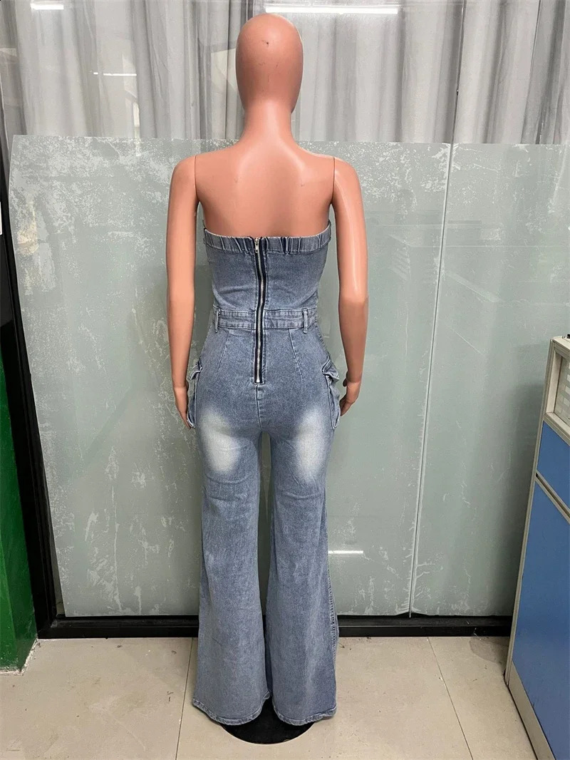 Streetwear Ripped Jeans Jumpsuits Fall Clothes Women Button Up Strapless Denim Rompers Playsuits One Pieces Overalls Outfit 241230