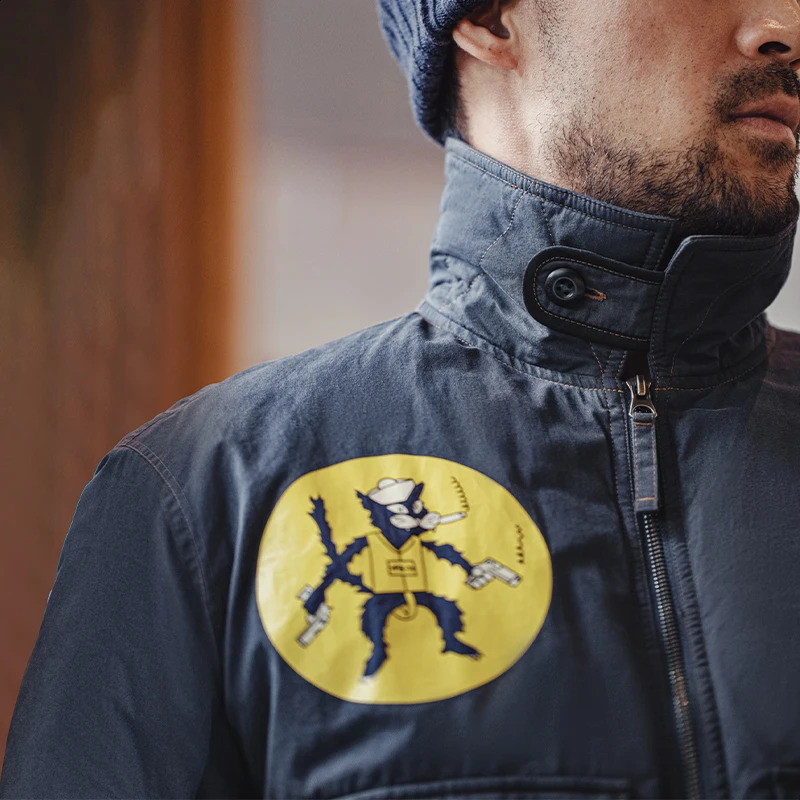 Maden Vintage Black Cat VPB71 Cotton Bomber Jacket for Men Autumn Winter Lapel Windproof Coat Thickened Warm Navy Blue Outwear 241230