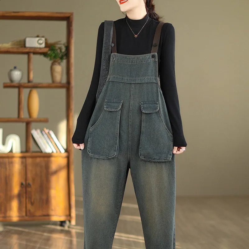#1437 Autumn Winter Vintage Denim Jumpsuits Women Big Pockets Loose Wide Leg Jeans Jumpsuits Ladies Denim Overalls Sleeveless 241230