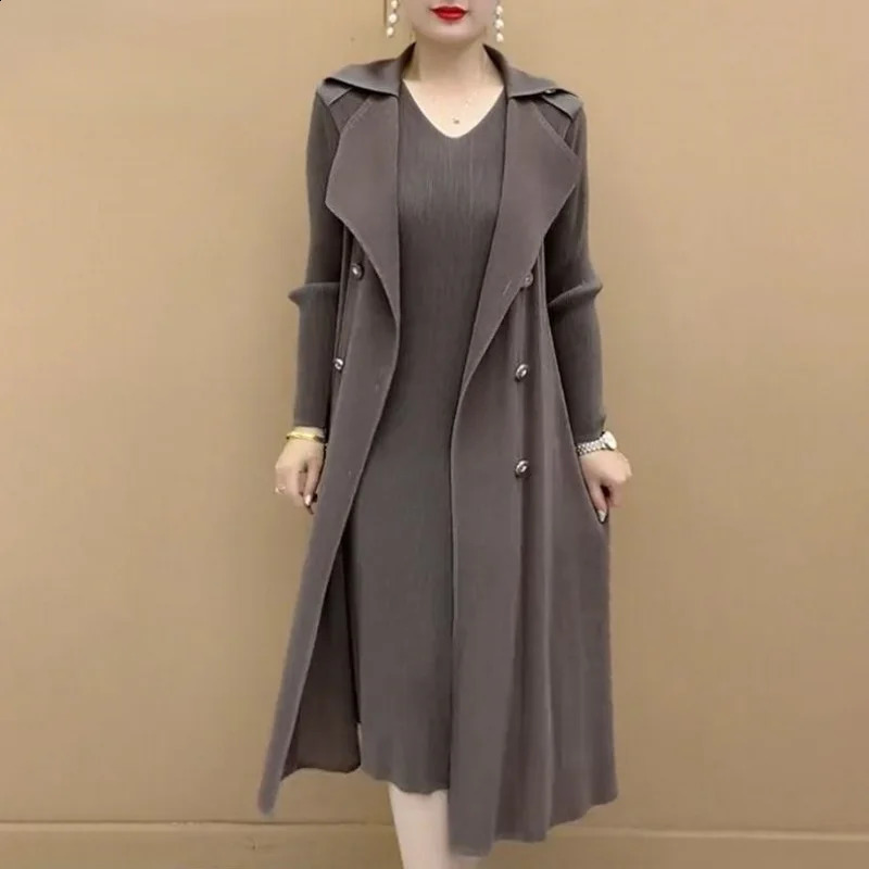 Fashionable Pleated Suit Collar Two Piece Trench Coat 2024 Autumn Winter Waist Pleats Wind Dress 241220