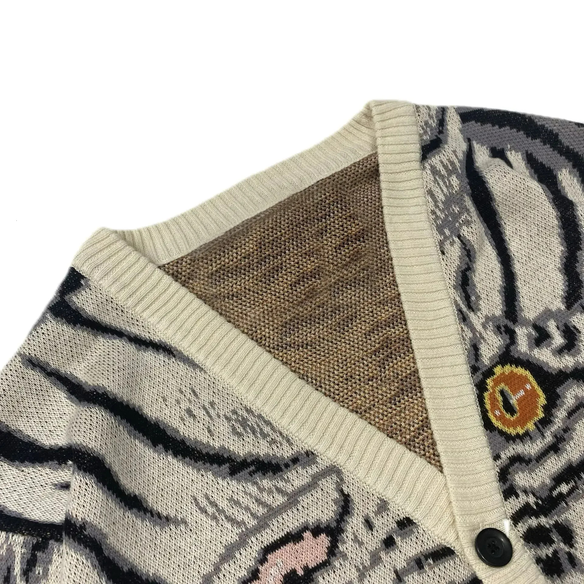 Non Kapital Vintage Jacquard Tiger Totem V-Neck Japanese Knitted Cardigan Men's Casual Long Sleeve Sweater Annual Jia Brand