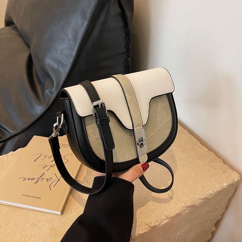 French Niche For Women In Autumn Winter , New High-End And Stylish One Shoulder Crossbody Bag, PU Color Blocking Saddle Bags