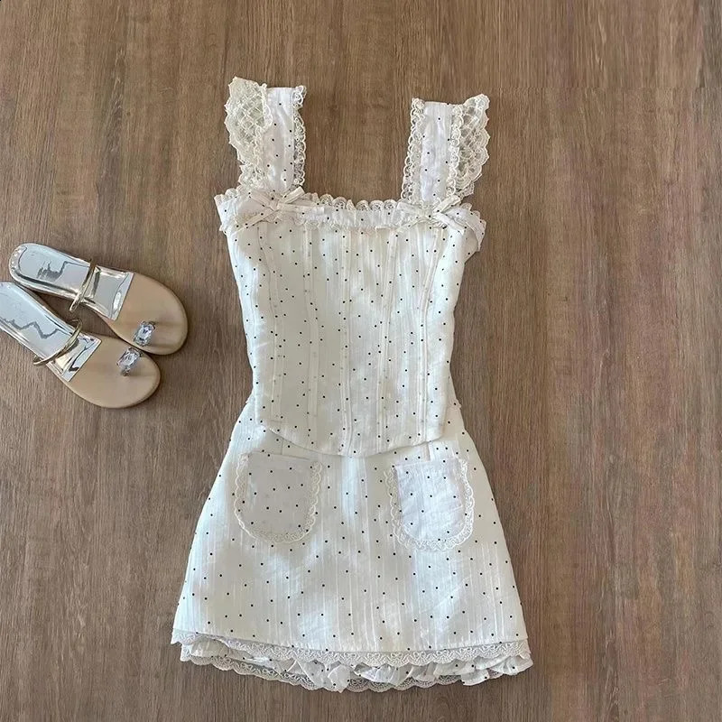 Y2K Womens Two Piece Set French Lace Splicing Polka Dot Suspenders Sexy Fashion Retro Harajuku Bow Cute Mini Skirt Tops Suit 241220