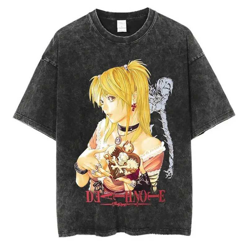 2024 Harajuku Retro Washed T-shirt with Death Note Pattern Cotton Street Clothing Unisex T-shirt W241230