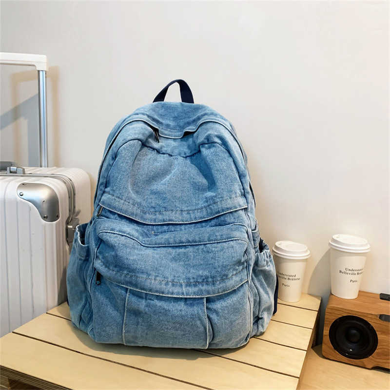 Washed denim canvas backpack for women 2024 new classic fashion backpack, large capacity college student class backpack 241230