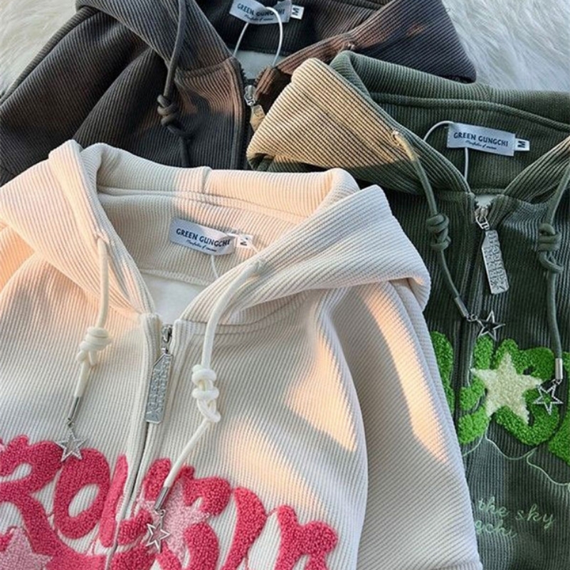 Vintage Streetwear Zip Up Tops Oversized Star Graphics Print Hoodies 2024 Women American Retro Graphic Hooded Sweatshirts y241220