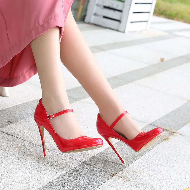 Big size 35-46 Mary Janes Women Pumps Fashion Round toe Patent leather 12cm High Heels Spring Summer Office Lady Shoes 241230