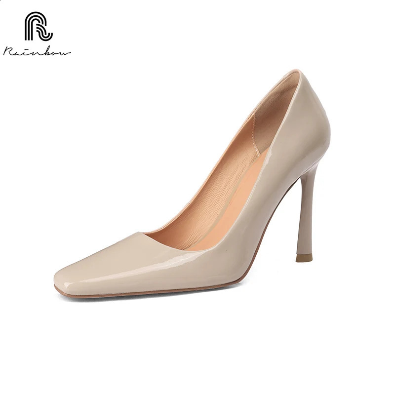 RAINBOW 33-40 Handmade Genuine Leather Shoes Trend Women Pumps Pointed square Toe High Heels Party Elegant Ladies Office 241230