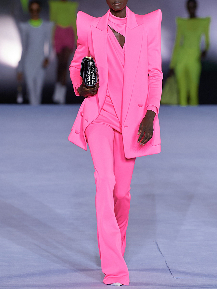 Newest Fashion Designer Jacket Women Peak Strong Shoulder Double Breasted Long Blazer Fluorescein