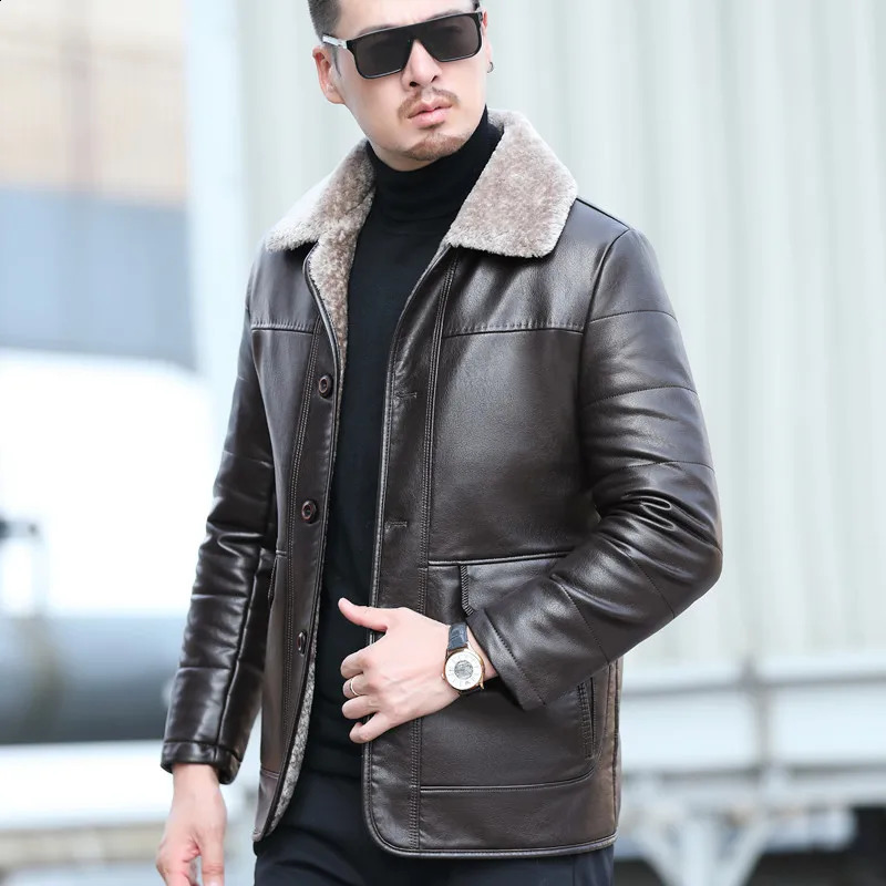 YX-838 Natural Leather Mens Autumn and Winter Sheepskin Casual Lapel Mid Length Business Leather Down Jacket Plus Size 250114