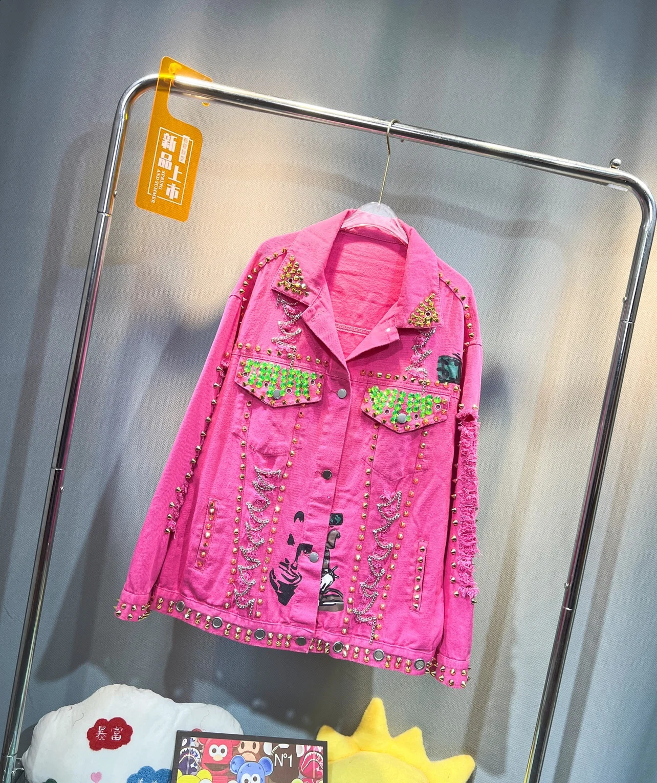 Trendy Women Denim Jackets Autumn Hole Loose Outwear Mid-long Sequins Rivet Cartoon Casual Pink Jeans Coat 241223