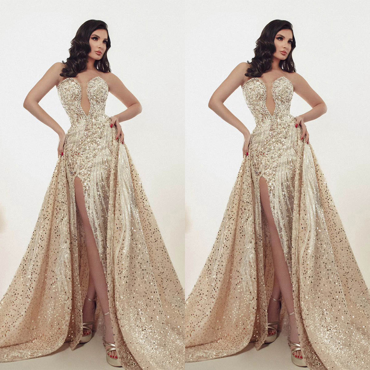 Glamorous Mermaid Wedding Dresses Strapless Lace Net Appliques Sequins Detachable Train Cathedral Bridal Gowns Arabian Dubai Custom Made Vestidos De N