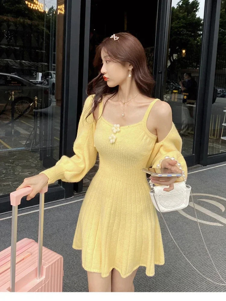 Sweet Knitted Autumn Winter Two Piece Dress Set Women Casual CoatStrap Female Korean Style Solid Slim Chic Suit 241220