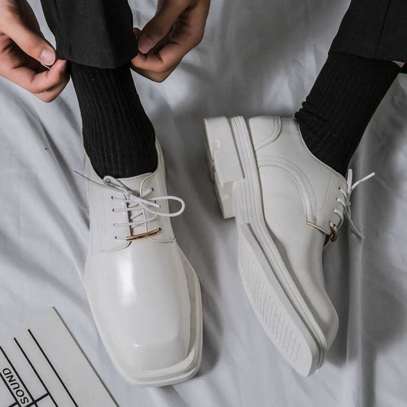 New Men Square Toe Patent Black White Leather Loafers Male Platform Dress Shoes Vintage Chunky Heel Party Shoes Men Formal ShoesXJ241230