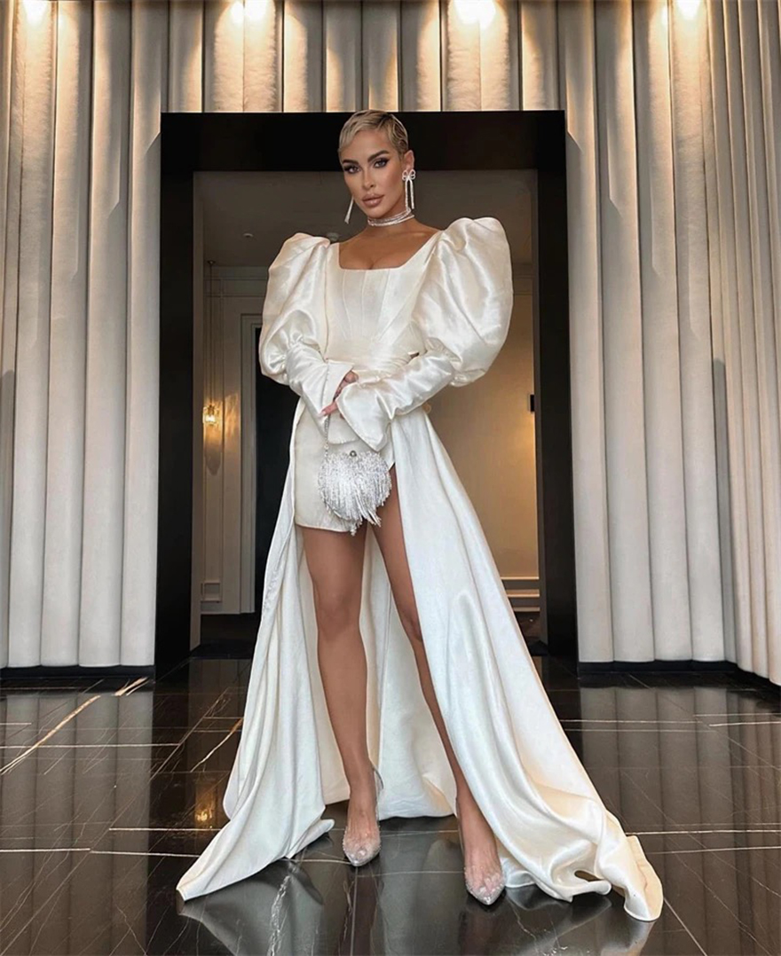Simple Modern Ivory Satin Thick Short Wedding Dresses Long Puff Sleeves Mini Sexy Bridal Gowns Square Neck White Robe de mariage