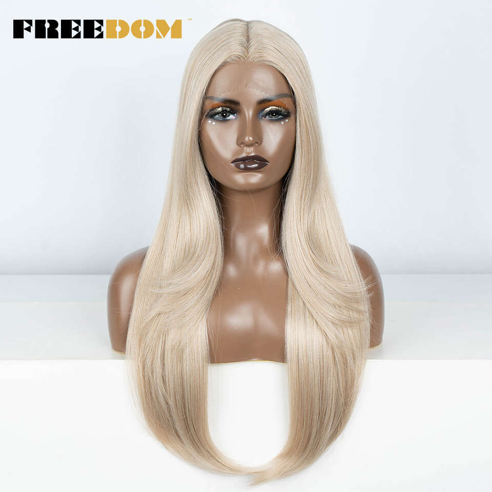 FREEDOM Synthetic Front For Women 28 Inch Straight Pink Ombre Brown Blonde Highlight Cosplay Lace Wigs Heat Resistant