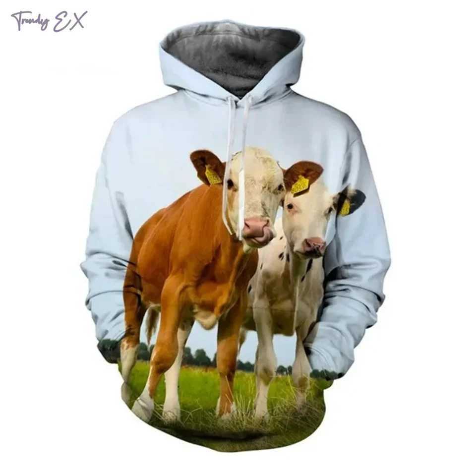 New sports shirt 3D animal cow print funny super large hooded sweatshirt fashionable sports kangaroo pocket long sleeved graphic hooded sweatshirt W24