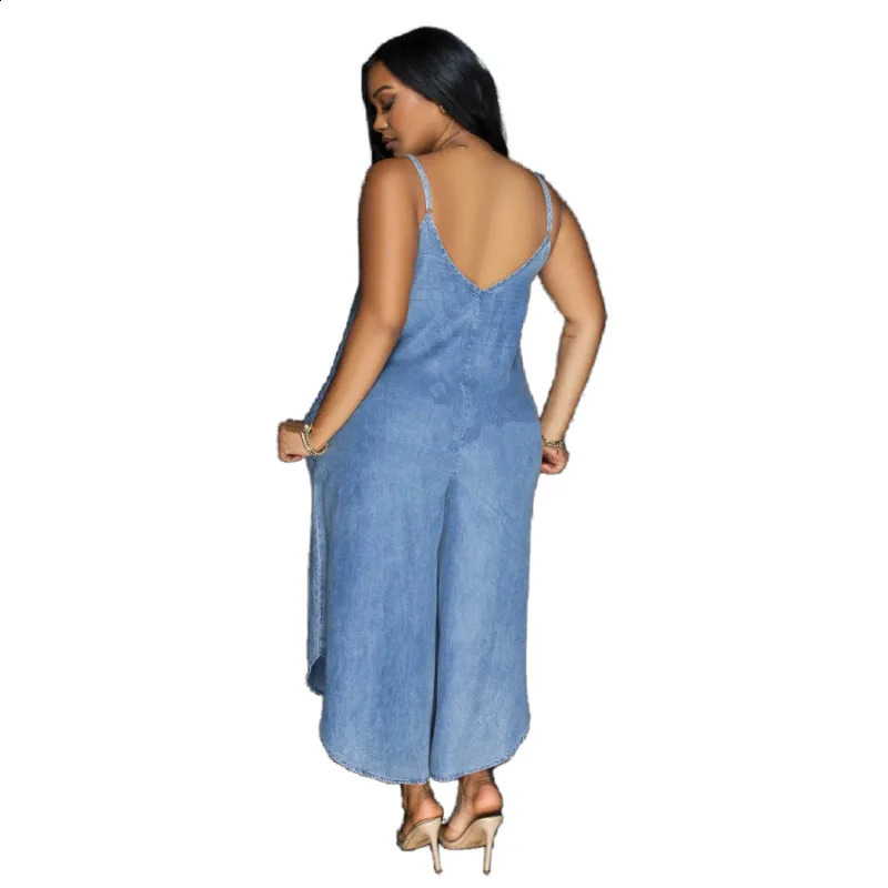 Womens Summer Fashion Casual Comfortable Versatile Irregular Denim Blue Sleeveless Suspender Straight 3/4 Jumpsuit 241230