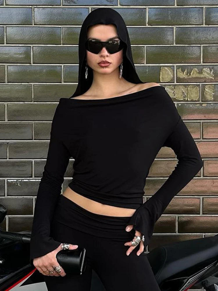 Y2k 2000s Hooded Crop Tops Long Sleeve Tees Black T Shirts Fall Trending Clothes for Women Streetwear 241224