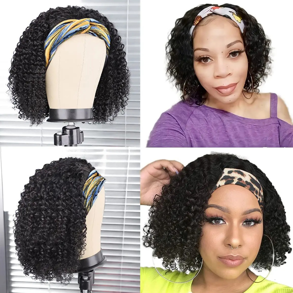 Water Wave Headband Kinky Curly Wigs For Women Brazilianfull Hine Made Remy Human Hair Scarf Wig