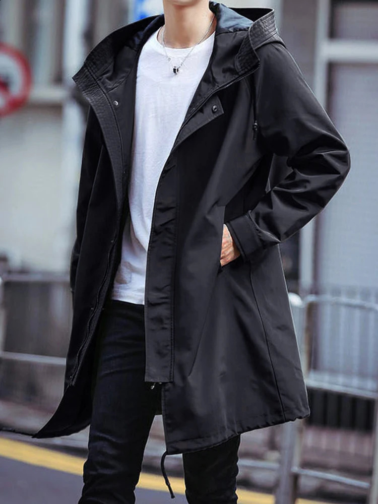 Spring Autumn Long Trench Coat Men Fashion Hooded Windbreaker Black Overcoat Casual Jackets 241225